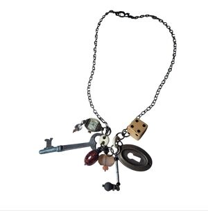 Vintage Clutter Necklace Dice Skeleton Key Little Swiss Watch Face Buttons Boho